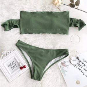 Olive Green Off-Shoulder Ribbed Bikini Set